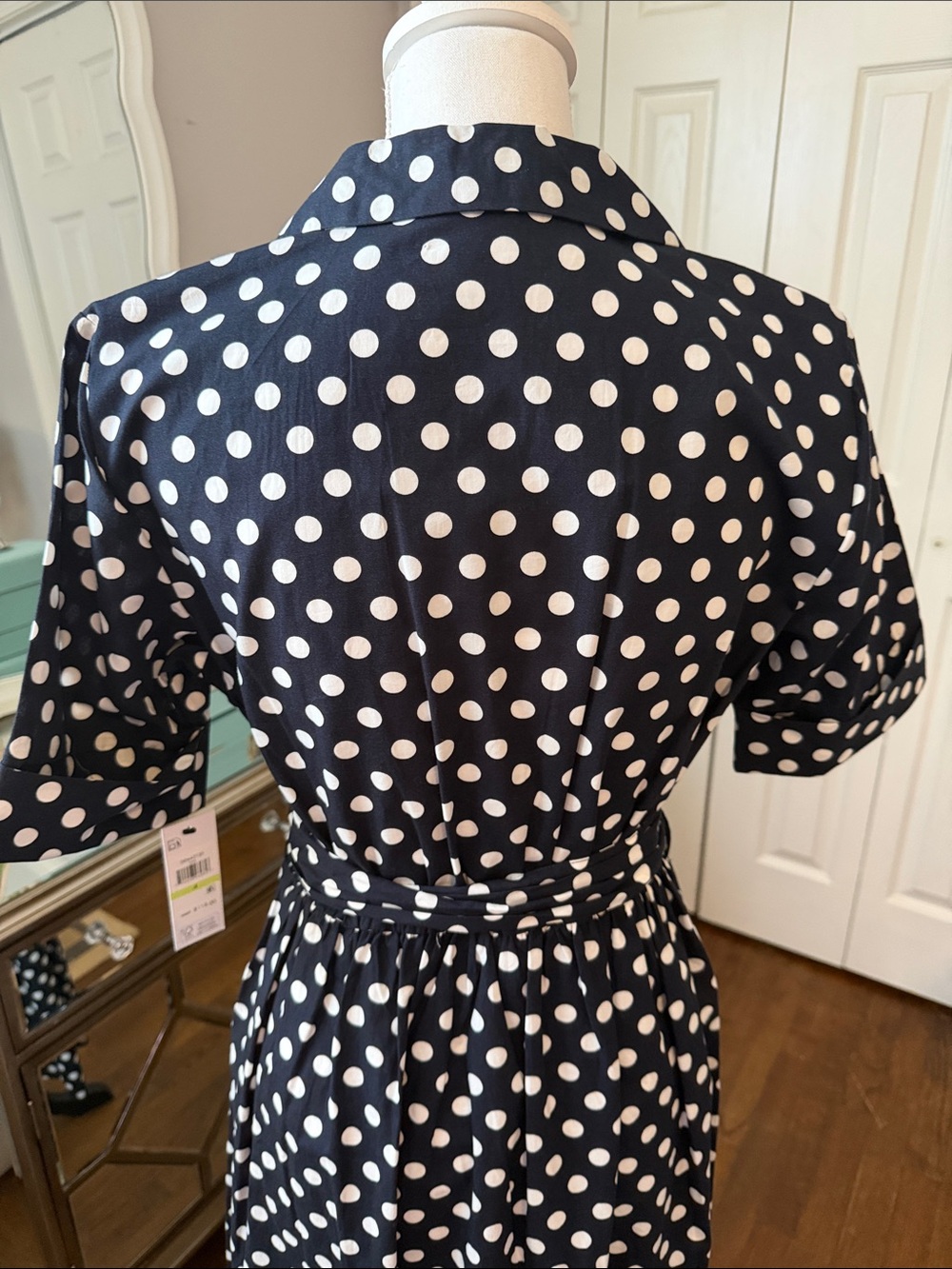 DKNY Navy & White Polka Dot Midi Shirt Dress w/ Tie Waist 4 - Picture 3 of 9